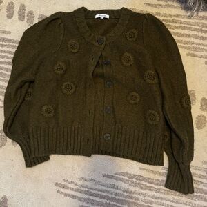 Madewell Boho Embroidered Edencroft Pleat Sleeve Wool Blend Cardigan Sweater
